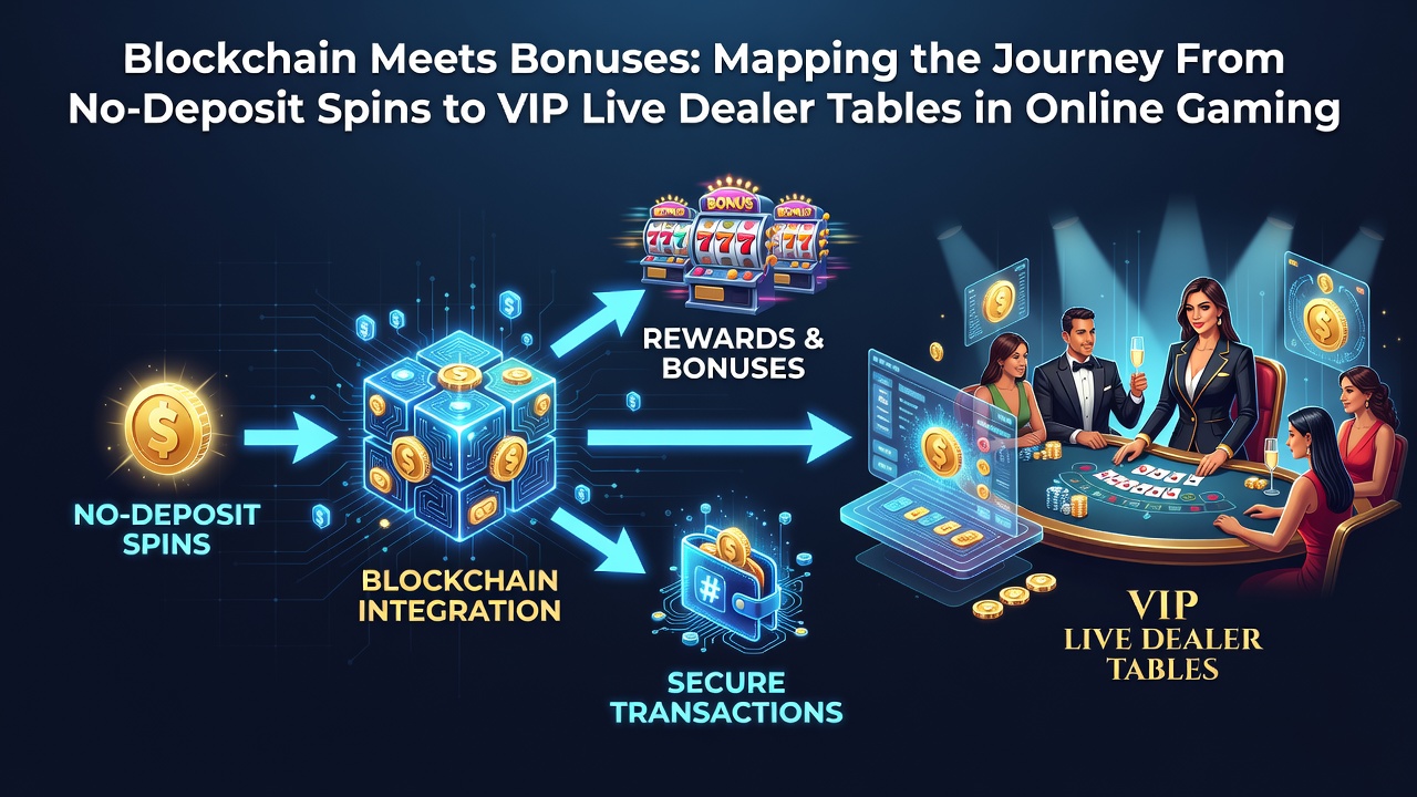 Blockchain technology visualized in online casino bonus systems with digital ledgers and spinning reels