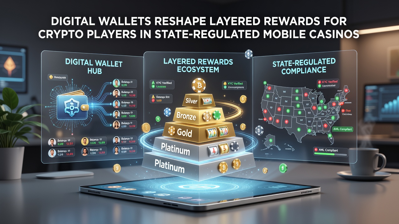 Mobile casino dashboard showing crypto wallet balance and multi-tier reward progress