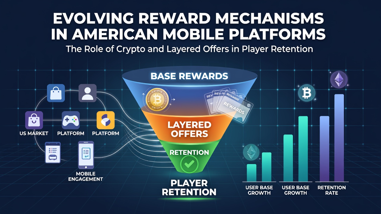 Mobile casino app interface displaying layered crypto rewards and bonus tiers on a smartphone screen