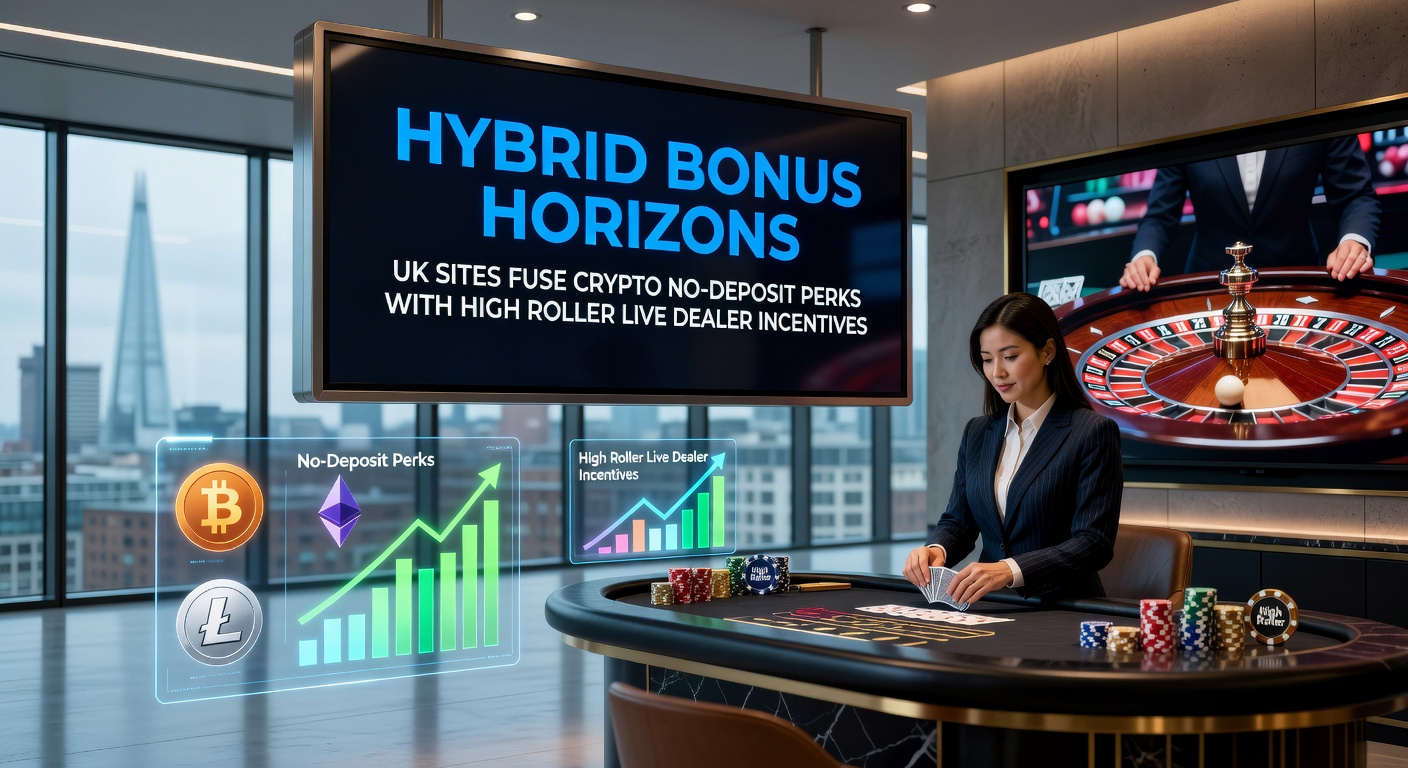 Dynamic graphic showing cryptocurrency icons blending with live dealer roulette wheels and bonus stacks in a UK casino interface