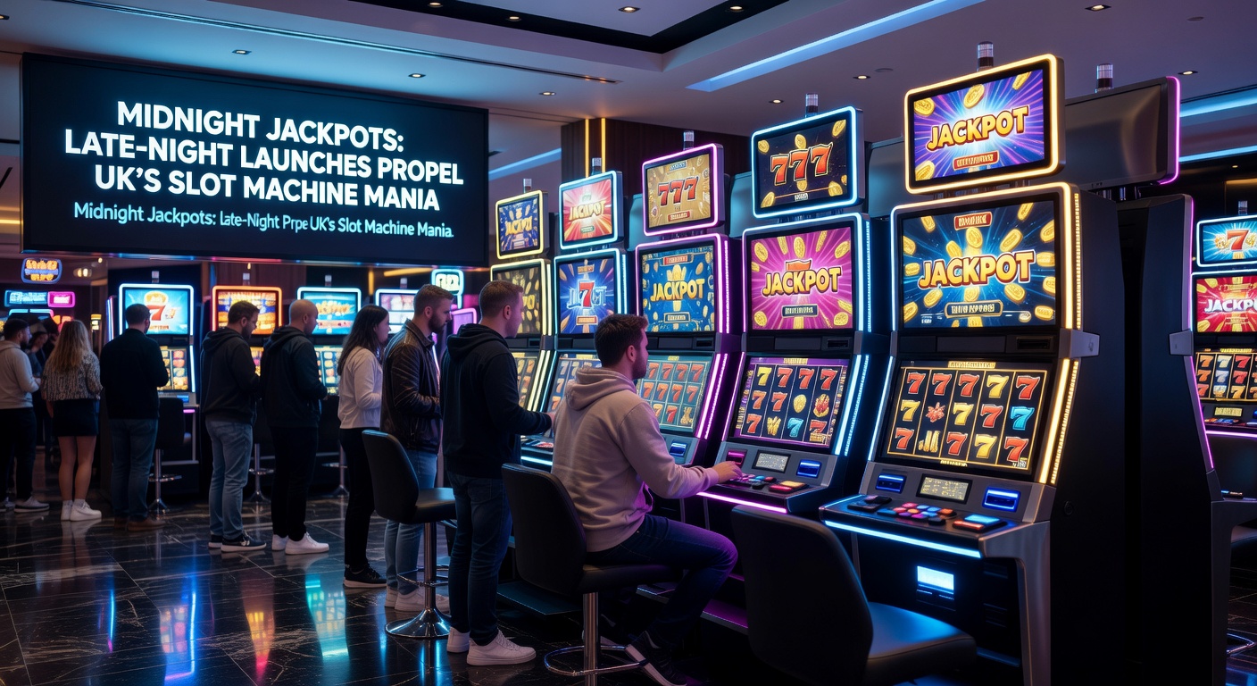 Vibrant slot machine lights glowing in a dimly lit UK arcade at midnight, with jackpot counters flashing excitedly