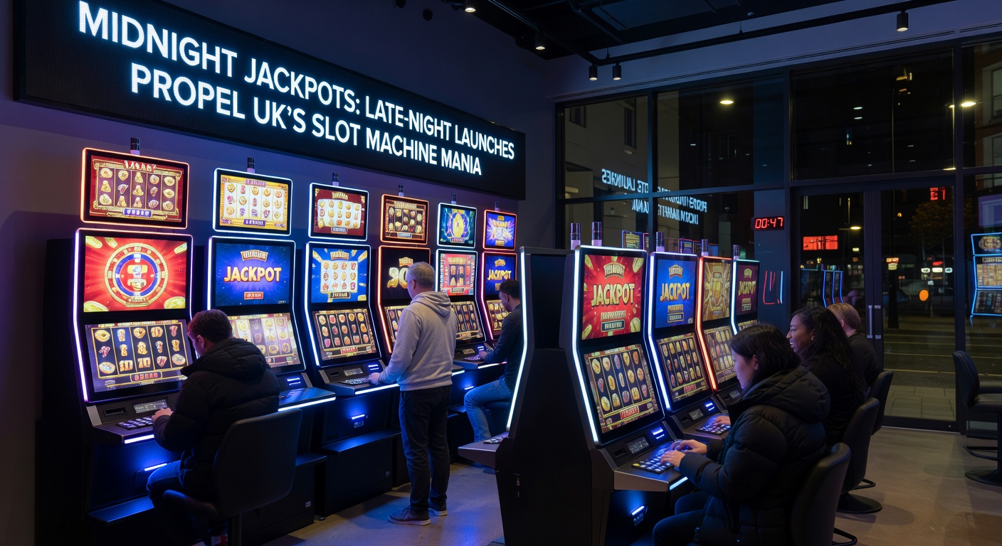 Crowd gathered around a glowing slot machine in a bustling late-night UK casino, cheering a massive jackpot payout under neon lights