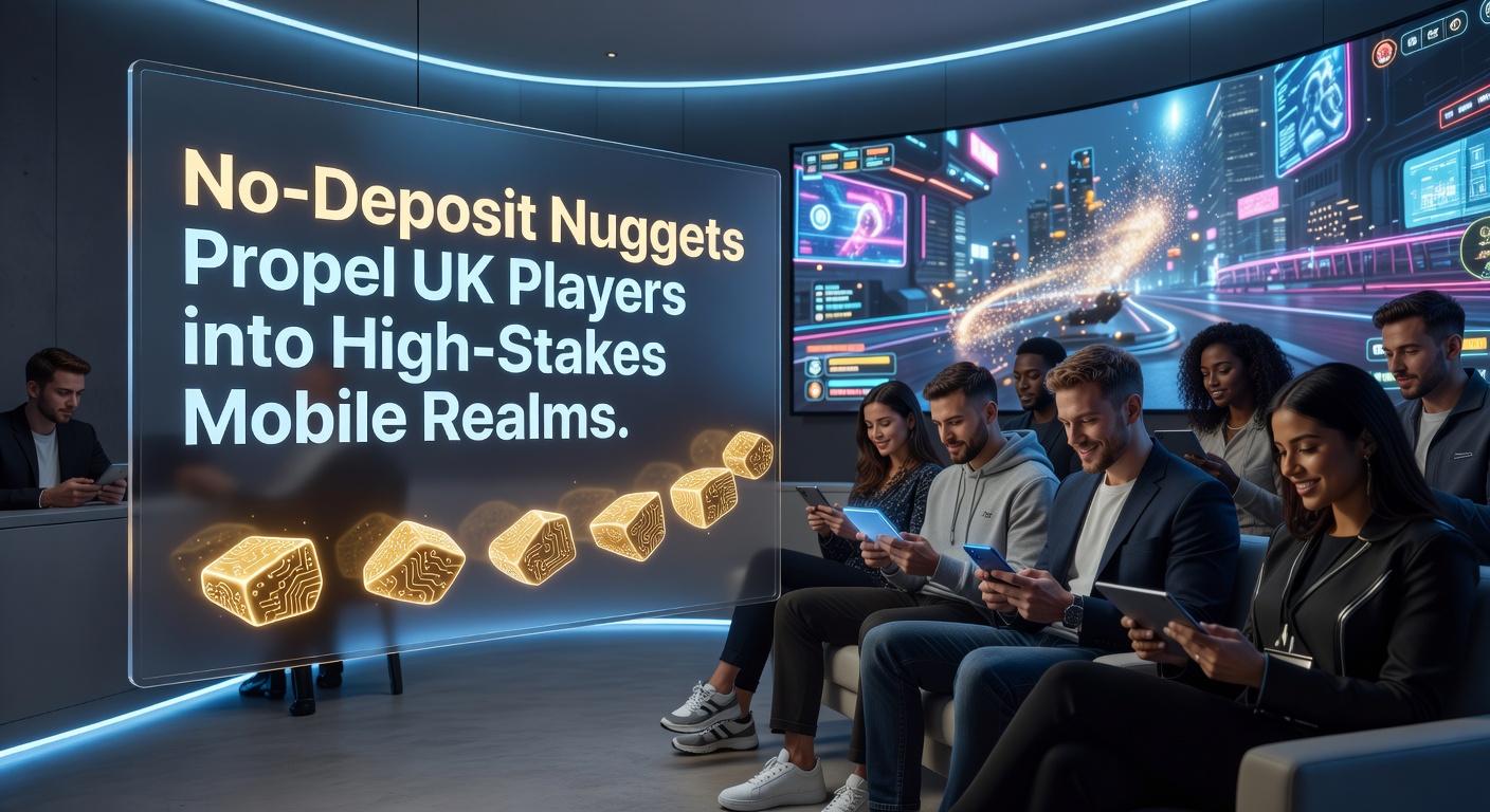 Vibrant mobile casino screen showing no-deposit bonus activation leading to high-stakes roulette table with UK flag overlay