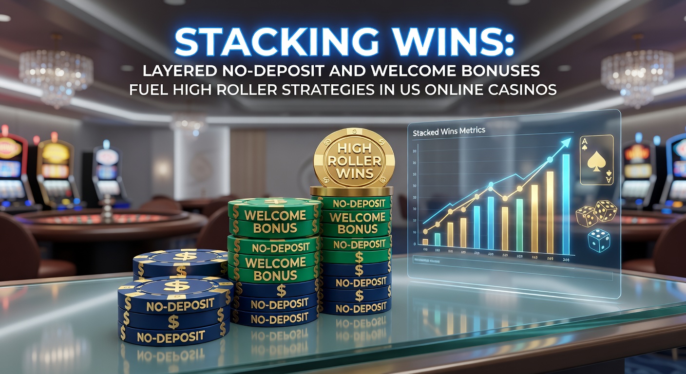 Online casino dashboard displaying stacked bonus offers for high-stakes players, with no-deposit credits and welcome match bonuses highlighted