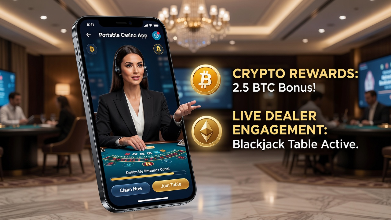 Cryptocurrency symbols and live dealer casino tables displayed together on mobile device screens