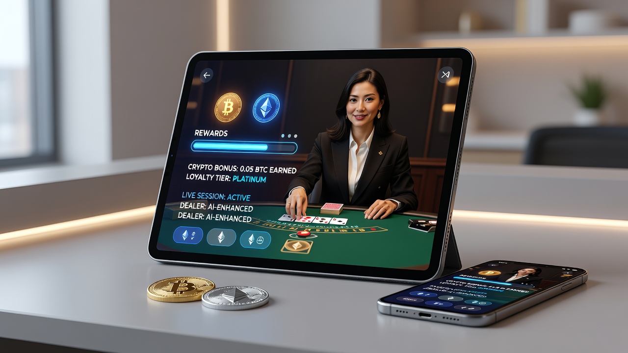 Mobile users participating in live dealer casino games with overlaid cryptocurrency reward notifications