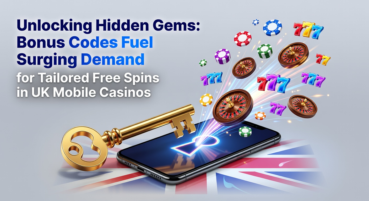 Close-up of a smartphone hand holding a device with casino app open to a bonus code entry field, surrounded by glowing free spin icons and UK flag elements
