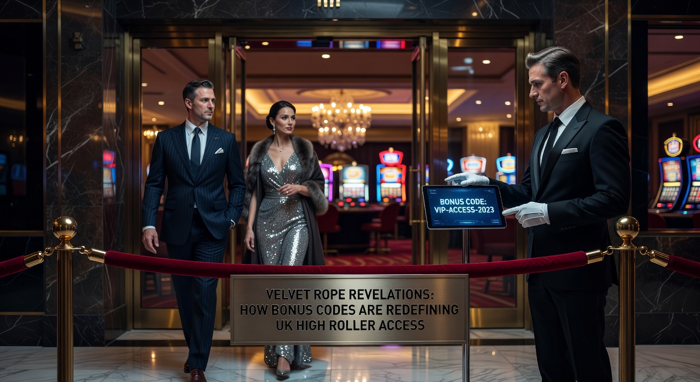 High roller entering a luxurious VIP casino lounge illuminated by velvet ropes and golden lights, symbolizing exclusive access via bonus codes