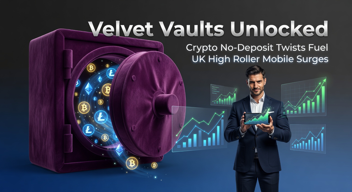 Vibrant digital vault unlocking with crypto coins and mobile screens showing high-stakes casino games, symbolizing access to exclusive no-deposit rewards for UK players