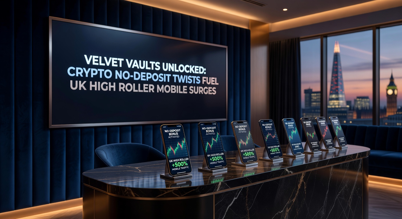 High roller at a mobile device interfacing with crypto wallet, surrounded by live dealer tables and vault icons representing unlocked no-deposit bonuses
