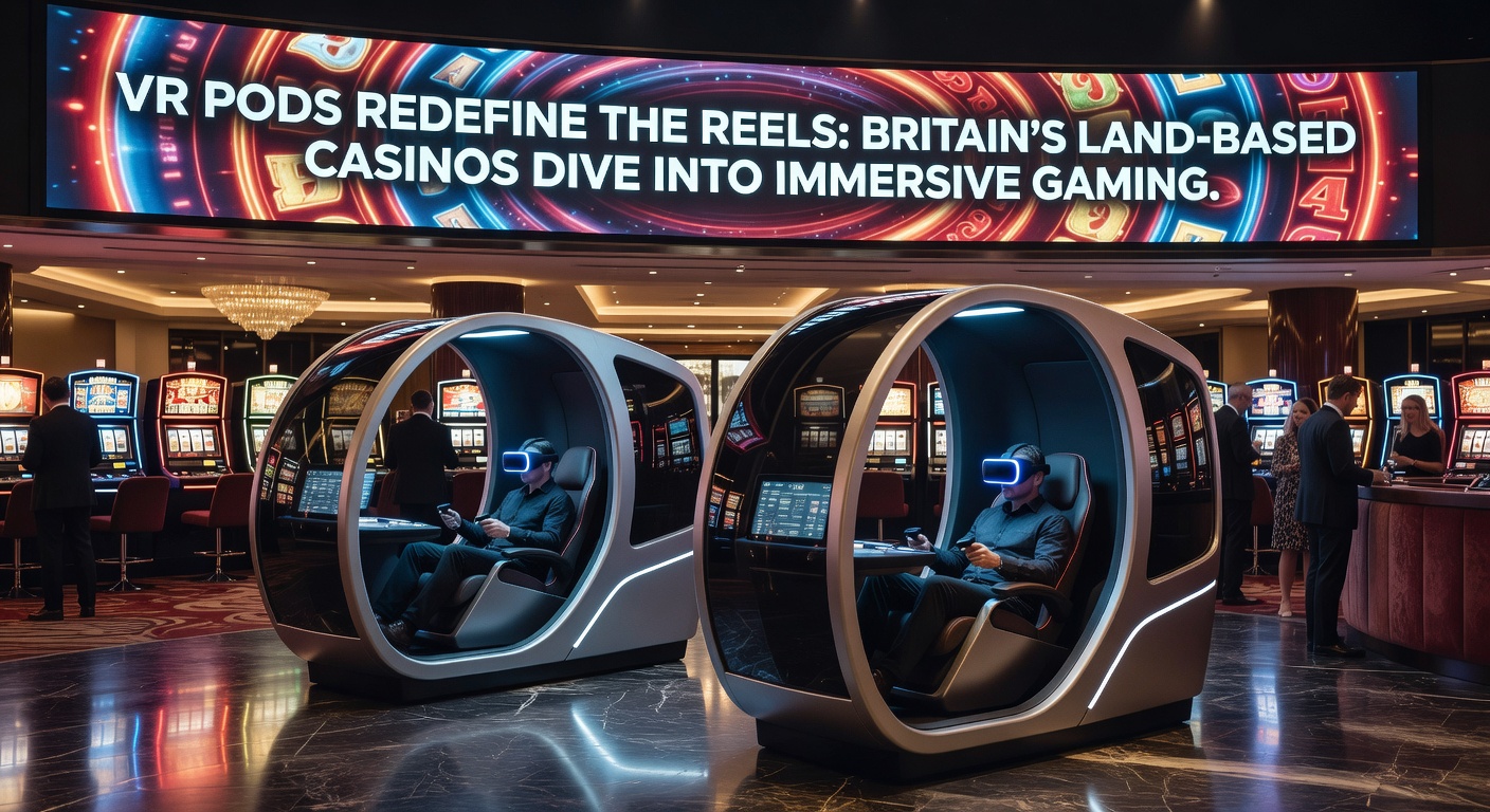 A sleek VR pod installed on the bustling floor of a British land-based casino, with players donning headsets for immersive slot gaming