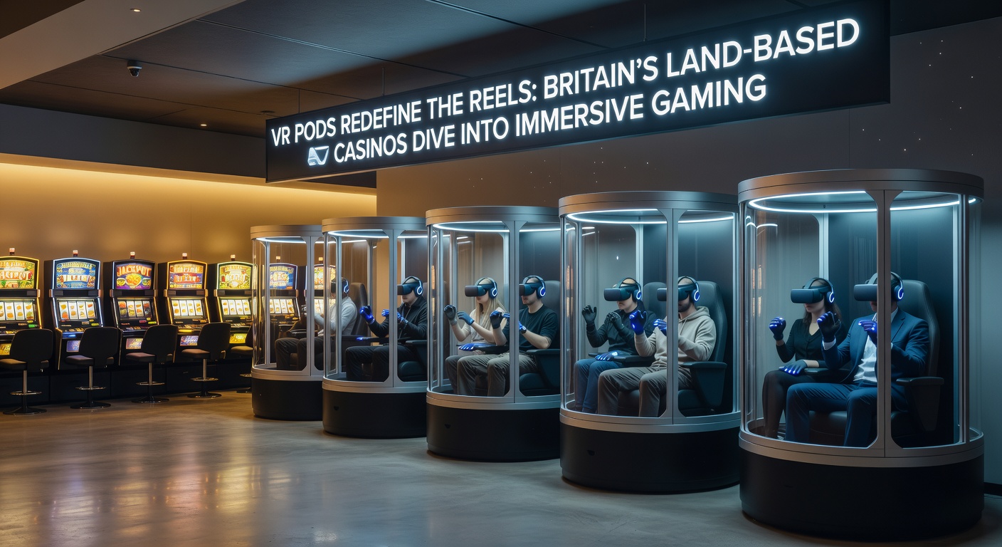 Close-up of a player inside a VR pod, headset on, hands gesturing in mid-air as virtual slot reels whirl in an immersive casino environment